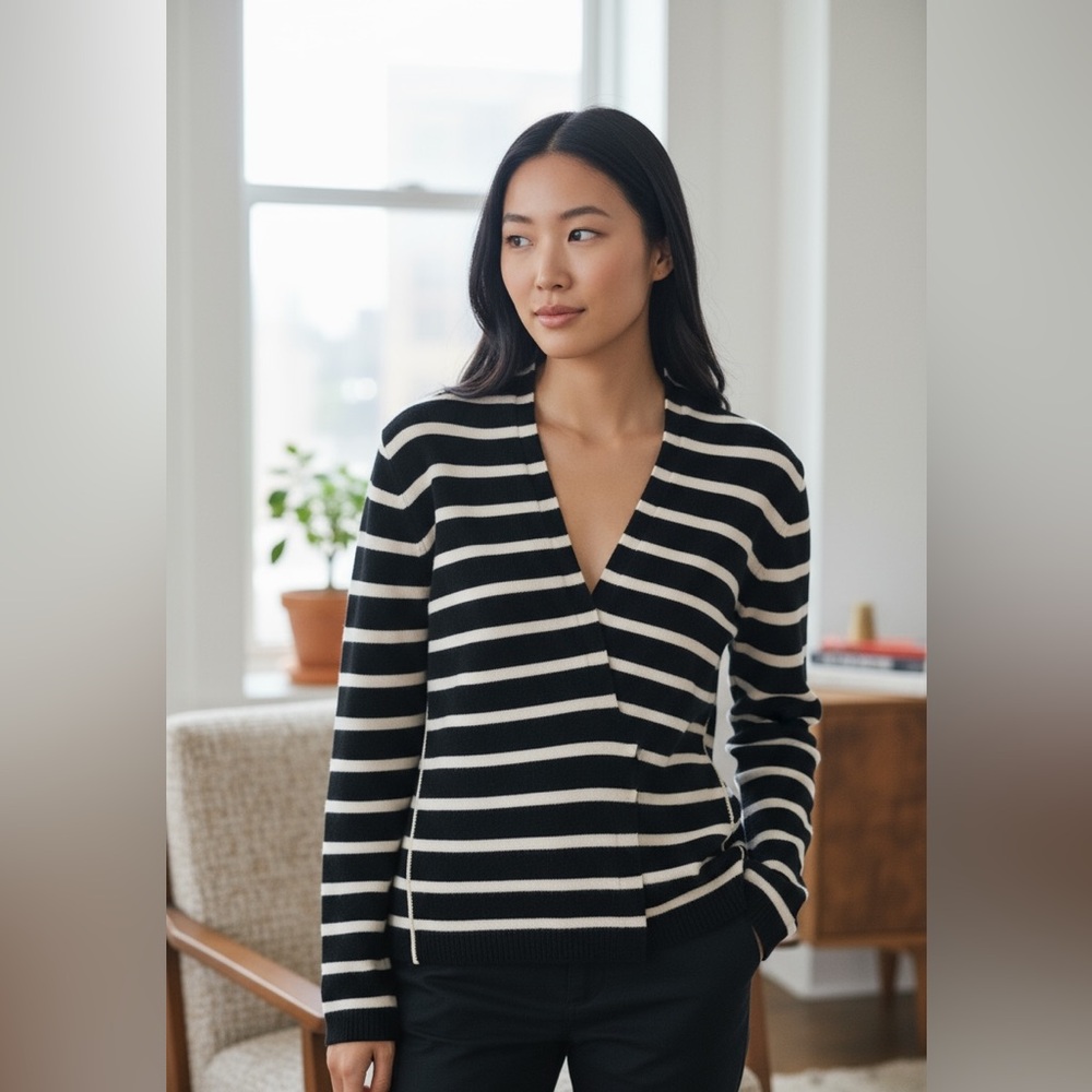 J Crew Alpaca Navy Blue‎ Ivory Striped Sweater SZ S Women Classic Quiet Luxury